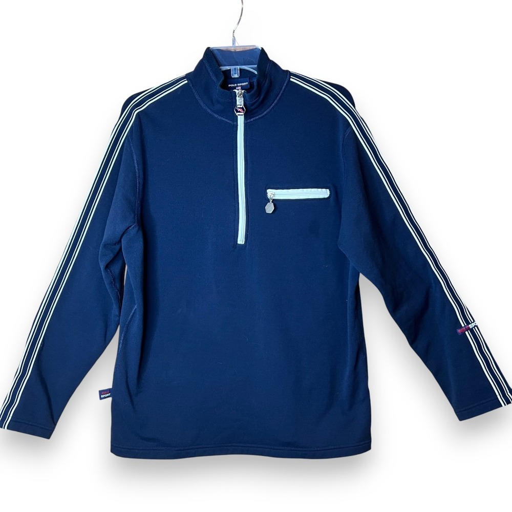 Polo Sport Ralph Lauren Navy Blue Quarter Zip Pullover Sweater USA L Stripe Trim - Picture 1 of 9
